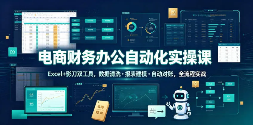 电商财务办公自动化实操课，Excel+影刀双工具，数据清洗・报表建模・自动对账，全流程实战-副业吧