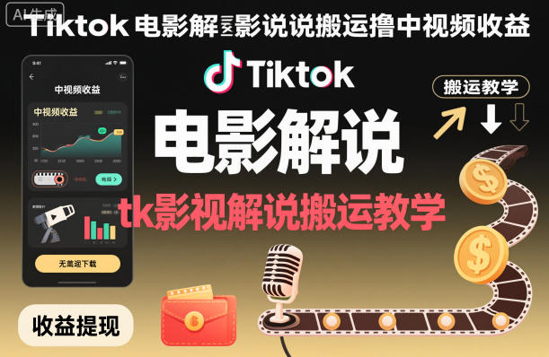 Tiktok电影解说搬运撸中视频收益，tk影视解说搬运教学-副业吧