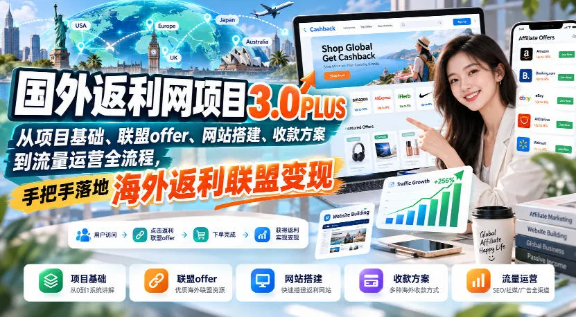 国外返利网项目3.0PLUS，从项目基础、联盟offer、网站搭建、收款方案到流量运营全流程，手把手落地海外返利联盟变现-副业吧