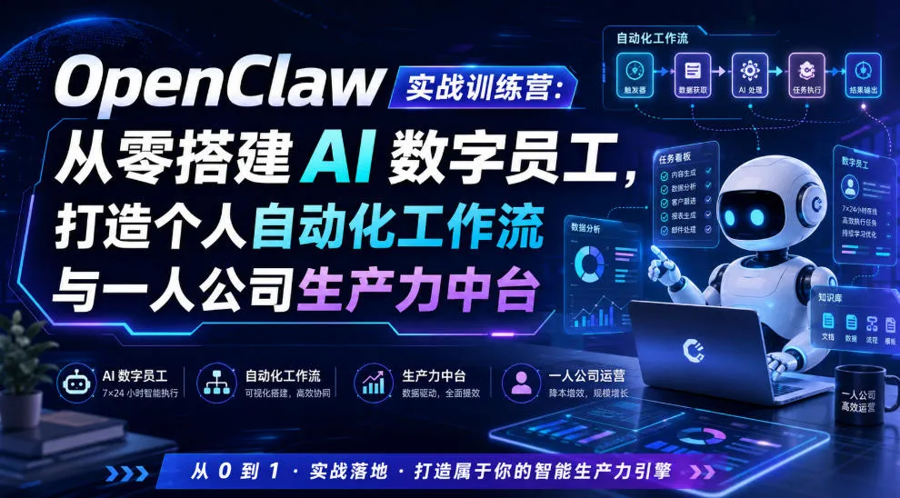 OpenClaw实战训练营:从零搭建AI数字员工,打造个人自动化工作流与一人公司生产力中台-副业吧