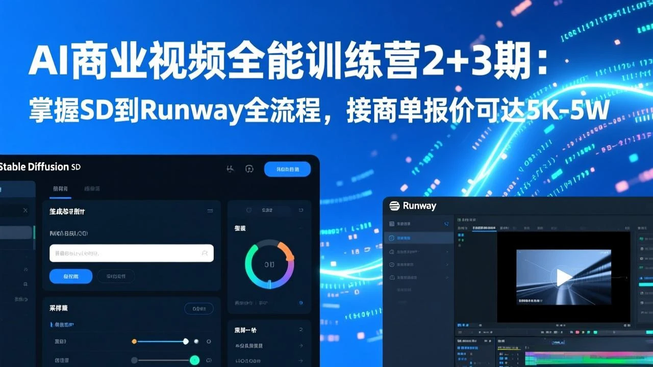 【精】AI商业视频全能训练营2+3期：掌握SD到Runway全流程，接商单报价可达5K-5W-副业吧