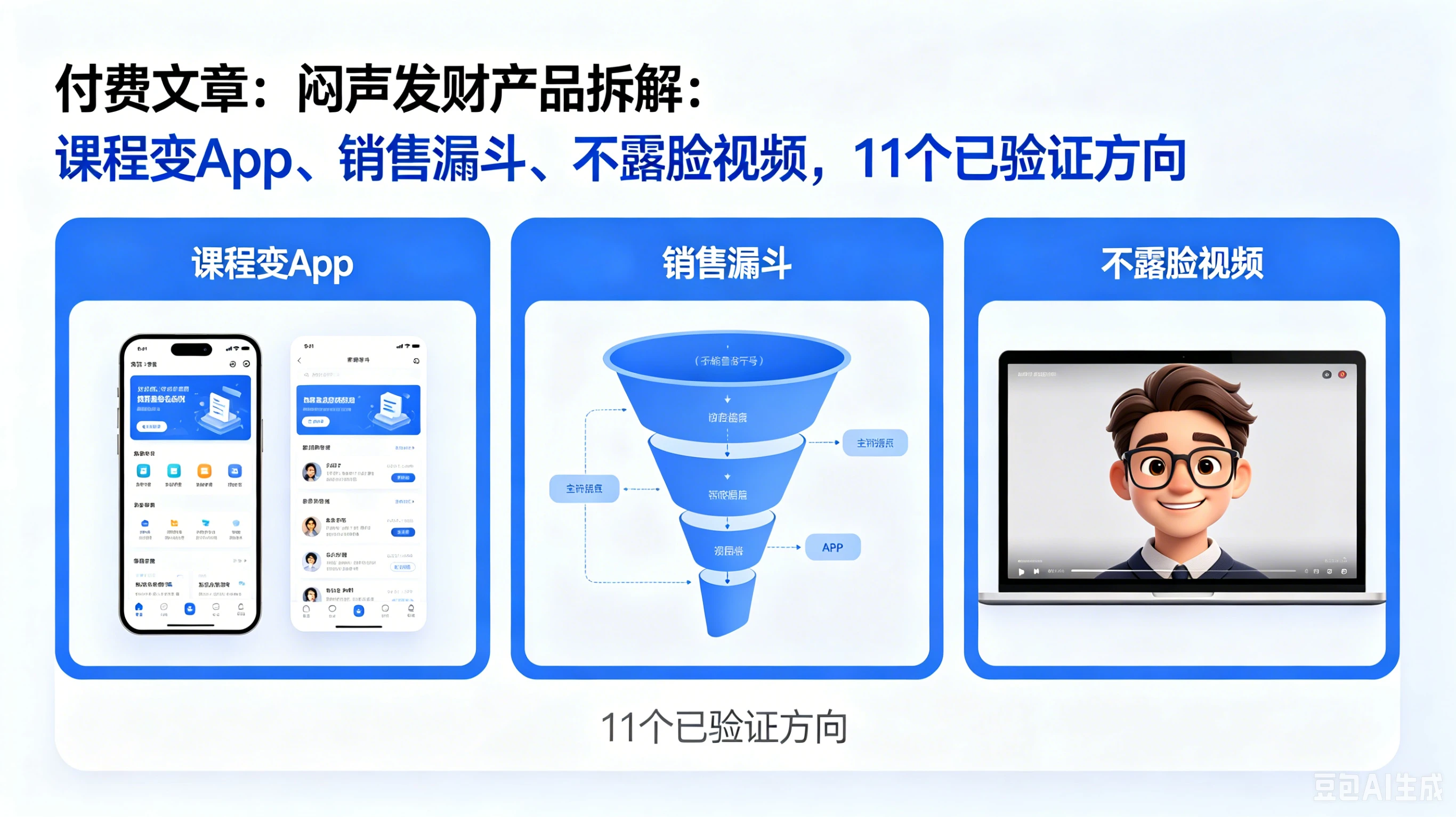 【精】付费文章:闷声发财产品拆解:课程变App、销售漏斗、不露脸视频,11个已验证方向-副业吧