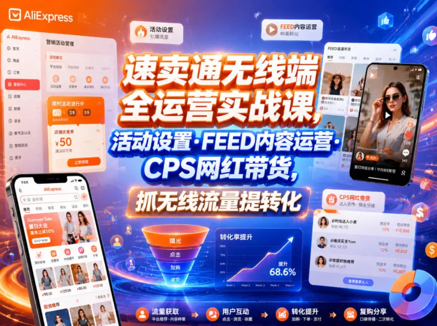速卖通无线端全运营实战课,活动设置・FEED内容运营・CPS网红带货,抓无线流量提转化-副业吧