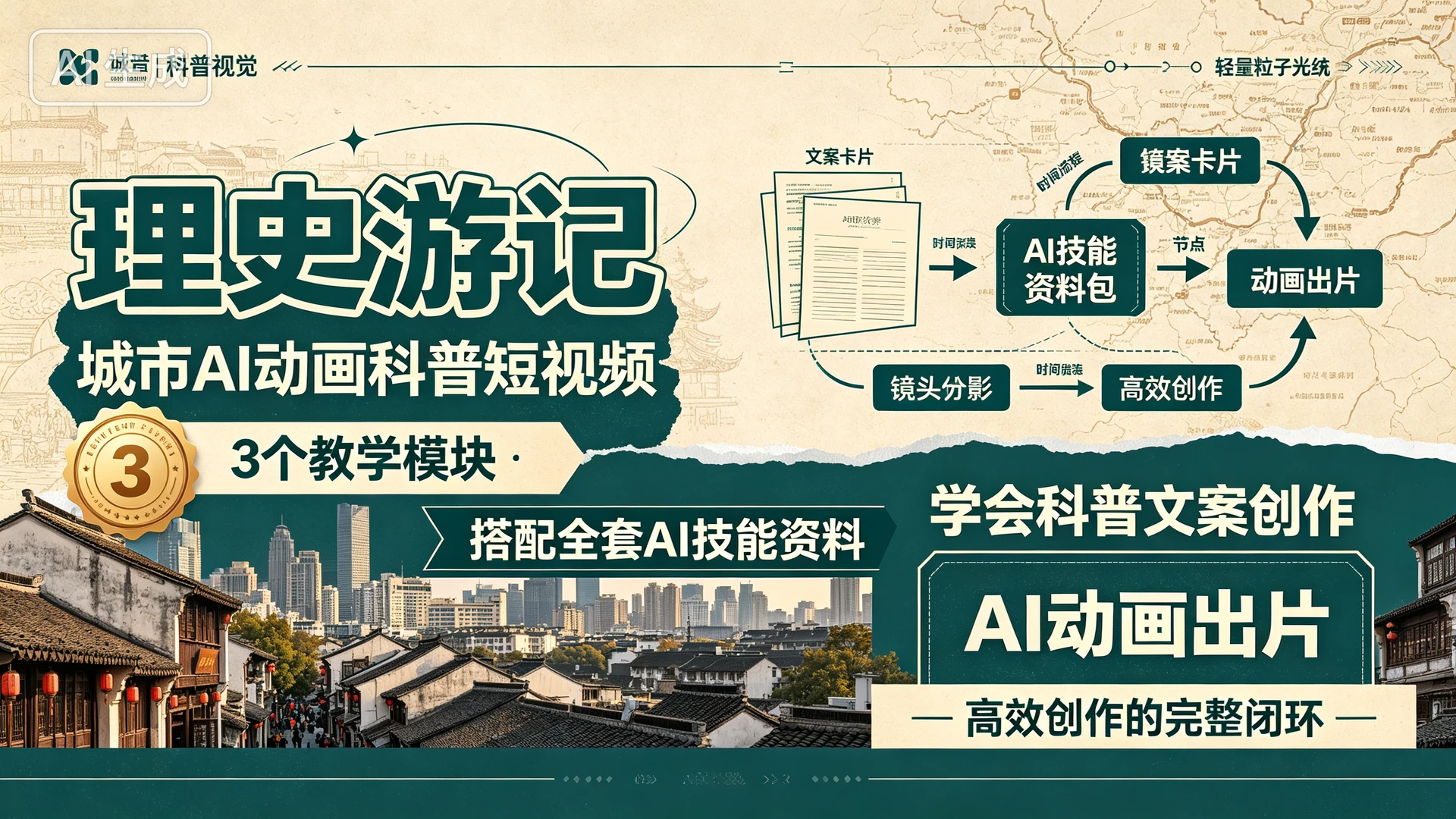 理史游记 - 城市AI动画科普短视频，带你通过3个教学模块搭配全套AI技能资料，学会科普文案创作与AI动画出片实现高效创作的完整闭环-副业吧