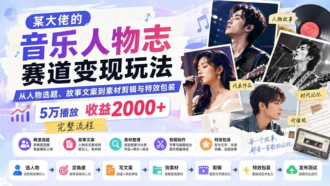 某大佬的音乐人物志赛道变现玩法:从人物选题、故事文案到素材剪辑与特效包装,5万播放收益2000+完整流程-副业吧