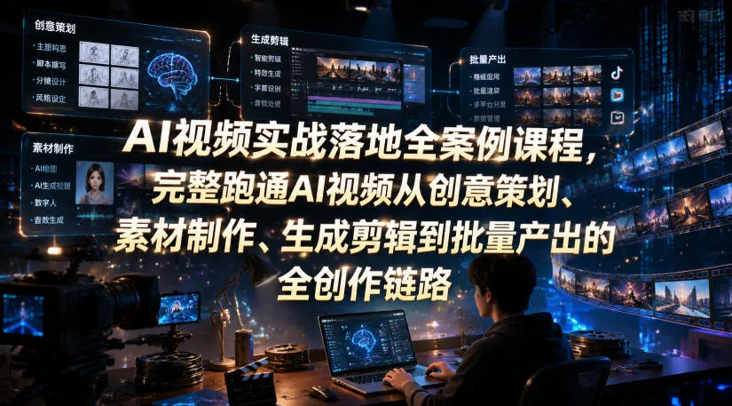AI视频实战落地全案例课程,完整跑通AI视频从创意策划、素材制作、生成剪辑到批量产出的全创作链路-副业吧