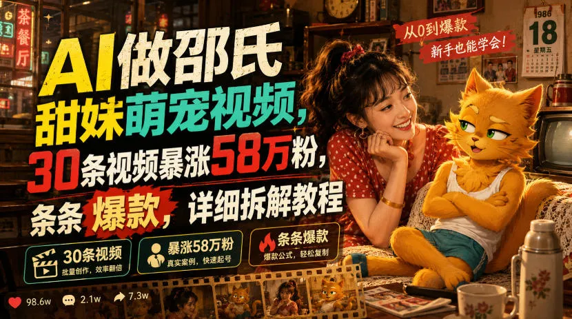 AI做邵氏甜妹萌宠视频，30条视频暴涨58万粉，条条爆款，详细拆解教程-副业吧