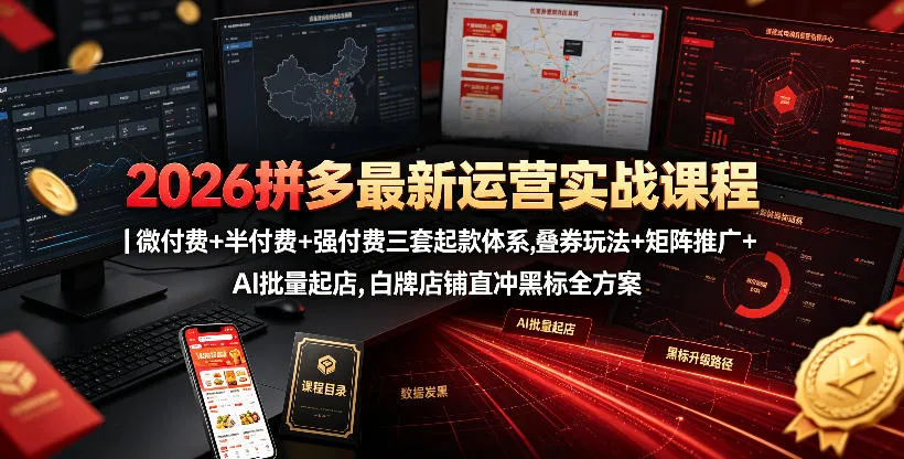 2026拼多多最新运营实战课程｜微付费+半付费+强付费三套起款体系，叠券玩法+矩阵推广+AI批量起店，白牌店铺直冲黑标全方案-副业吧