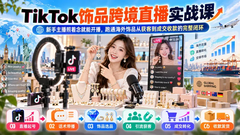 TikTok饰品跨境直播实战课,新手主播照着念就能开播,跑通海外饰品从获客到成交收款的完整闭环-副业吧
