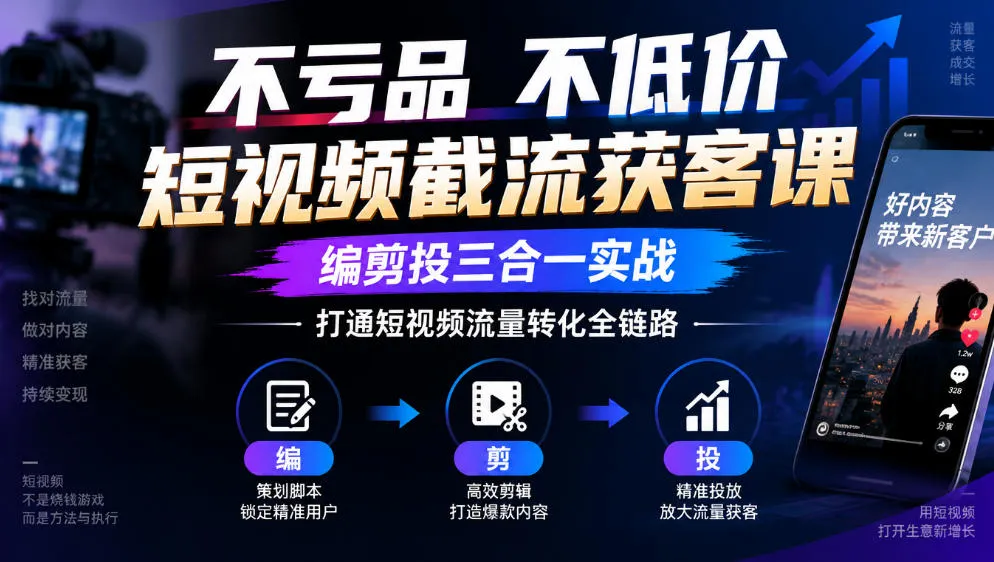 不亏品不低价短视频截流获客课,编剪投三合一实战,打通短视频流量转化全链路-副业吧