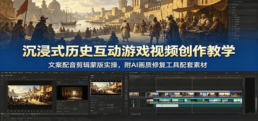 沉浸式历史互动游戏视频创作教学:文案配音剪辑蒙版实操,附AI画质修复工具配套素材-副业吧