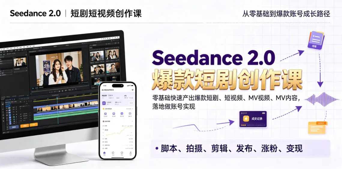Seedance 2.0短剧短视频创作课,零基础快速产出爆款短剧、短视频、MV内容,落地做账号实现变现-副业吧