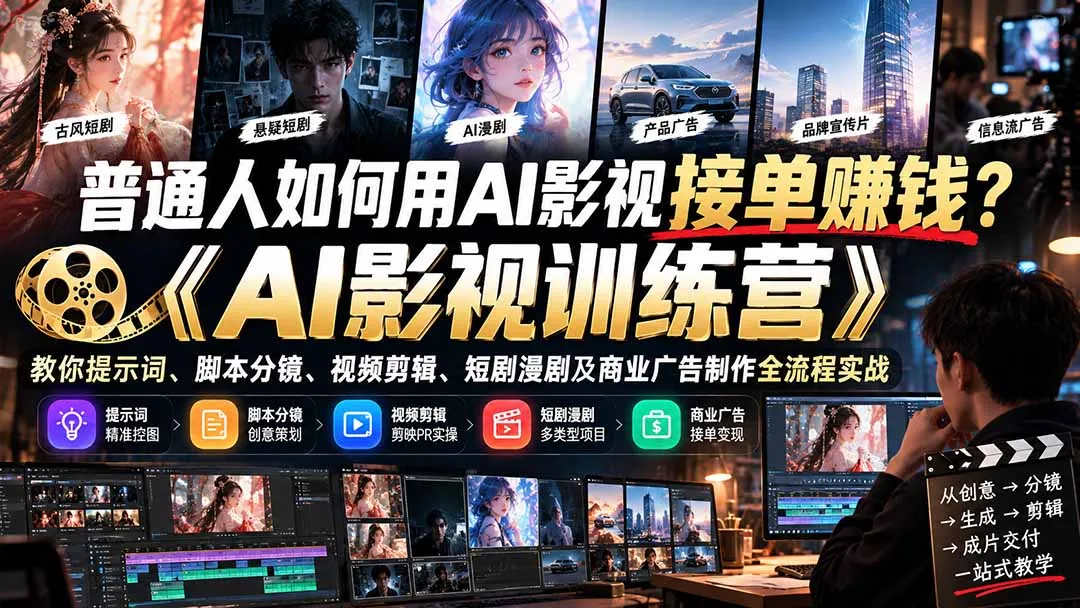 普通人如何用AI影视接单赚钱?《AI影视训练营》教你提示词、脚本分镜、视频剪辑、短剧漫剧及商业广告制作全流程实战-副业吧