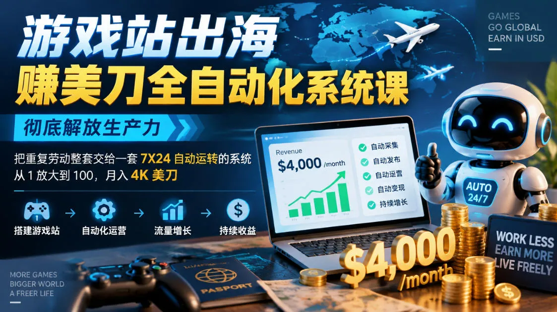 游戏站出海賺美刀全自动化系统课,彻底解放生产力–把重复劳动整套交给一套7X24自动运转的系统,从1放大到100,月入4K美刀-副业吧