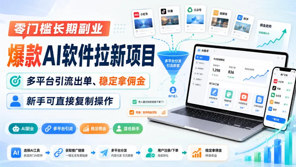 零门槛长期副业，爆款AI软件拉新项目，多平台引流出单、稳定拿佣金，新手可直接复制操作-副业吧