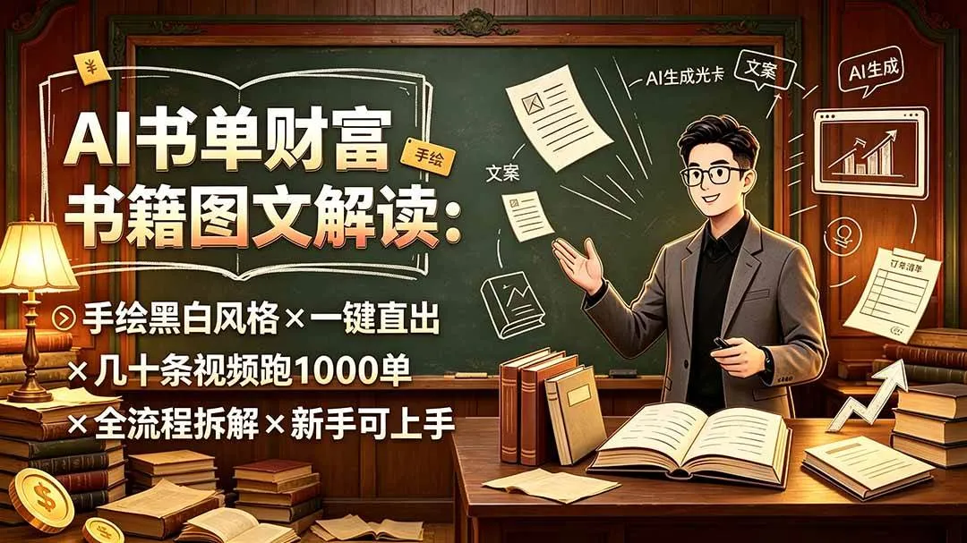 (19515期)AI书单财富书籍图文解读:手绘黑白风格×一键直出×几十条视频跑1000单×全流程拆解×新手可上手-副业吧 (19515期)AI书单财富书籍图文解读:手绘黑白风格×一键直出×几十条视频跑1000单×全流程拆解×新手可上手-副业吧