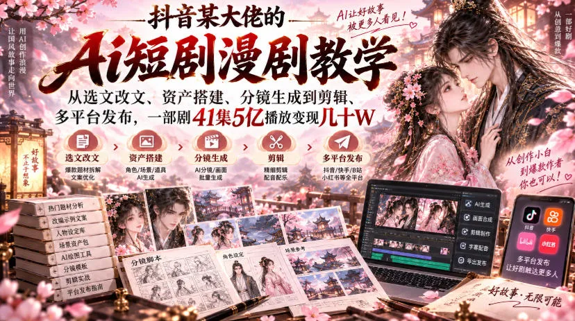 抖音某大佬的Ai短剧漫剧教学,从选文改文、资产搭建、分镜生成到剪辑、多平台发布,一部剧41集5亿播放变现几十W-副业吧