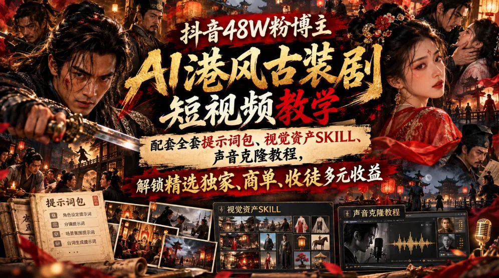 抖音48W粉博主AI港风古装剧短视频教学,配套全套提示词包、视觉资产SKILL、声音克隆教程,解锁精选独家、商单、收徒多元收益-副业吧