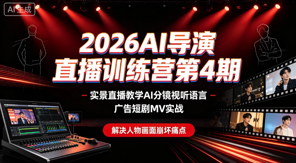 【精】2026AI导演直播训练营第4期,实景直播教学AI分镜视听语言,广告短剧MV实战,解决人物画面崩坏痛点-副业吧