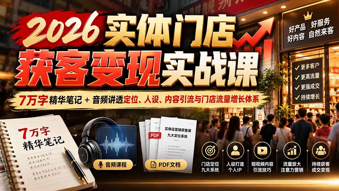 2026实体门店获客变现实战课:7万字精华笔记+音频讲透定位、人设、内容引流与门店流量增长体系-副业吧
