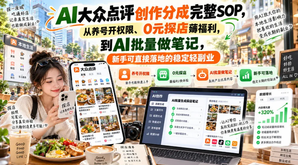 【无水印】AI大众点评创作分成完整SOP,从养号开权限、0元探店薅福利,到AI批量做笔记,新手可直接落地的稳定轻副业-副业吧