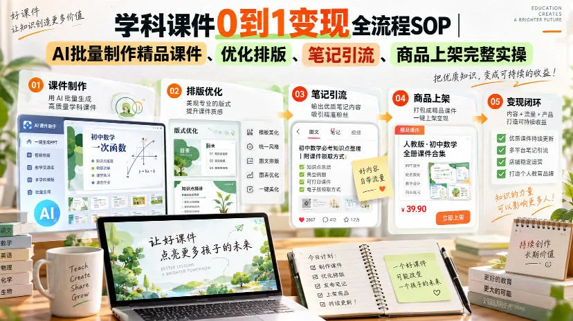 学科课件0到1变现全流程SOP|AI批量制作精品课件、优化排版、笔记引流、商品上架完整实操-副业吧