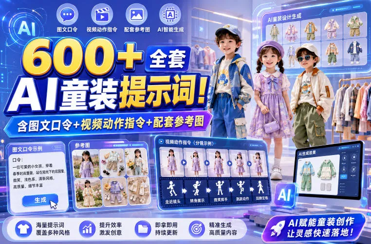 600+全套AI童装提示词!含图文口令+视频动作指令+配套参考图,Word-Excel规整分类,童装电商、种草无脑量产内容!-副业吧