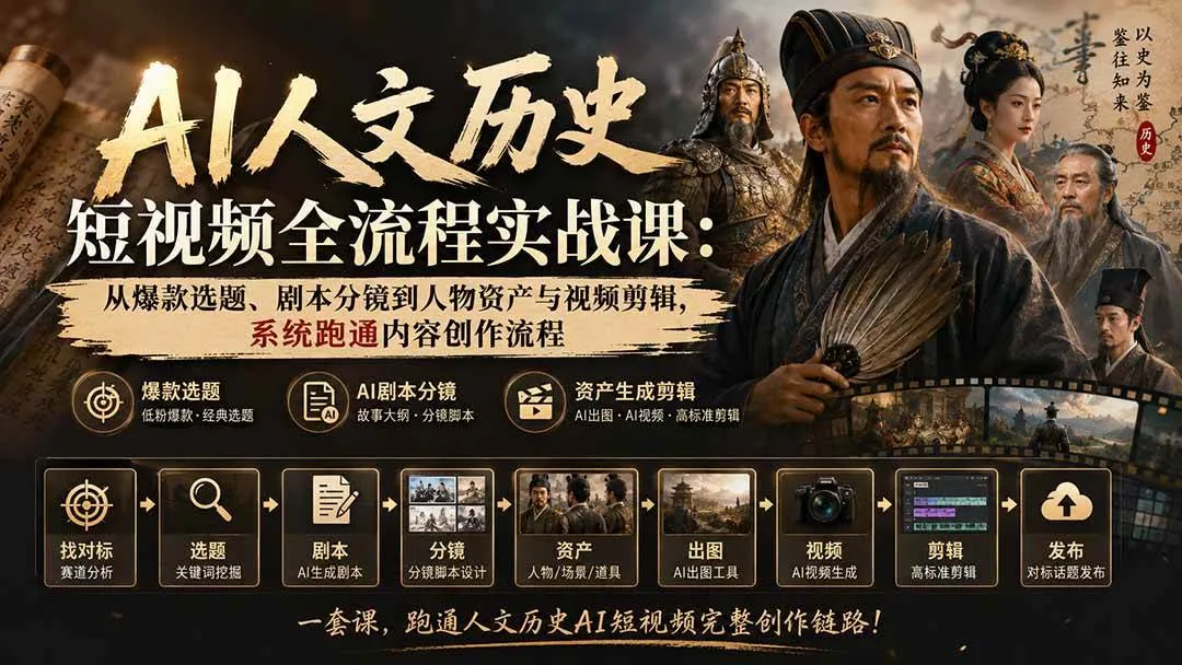 【精】AI人文历史短视频全流程实战课:从爆款选题、剧本分镜到人物资产与视频剪辑,系统跑通内容创作流程-副业吧