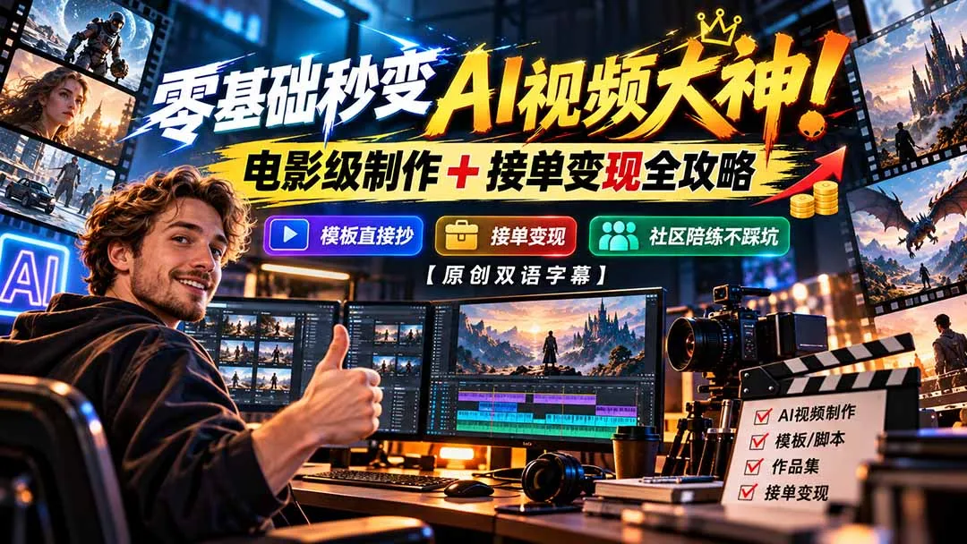 零基础秒变AI视频大神!电影级制作 + 接单变现全攻略,模板直接抄,社区陪练不踩坑【原创双语字幕】-副业吧