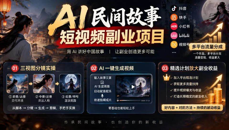 AI民间故事短视频副业项目,多平台流量分成,三视图分镜实操,精选计划放大副业收益-副业吧
