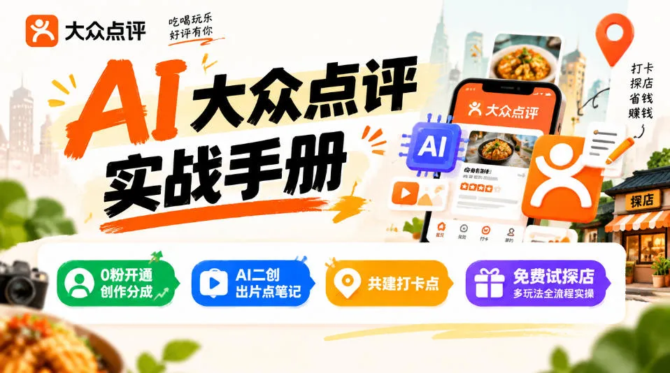 某局的AI大众点评实战手册,0粉开通创作分成、AI二创出片点笔记、共建打卡点、免费试探店多玩法全流程实操-副业吧