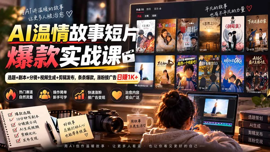 AI温情故事短片爆款实战课-更新｜选题+剧本+分镜+视频生成+剪辑发布，条条爆款，涨粉接广告日赚1K+-副业吧