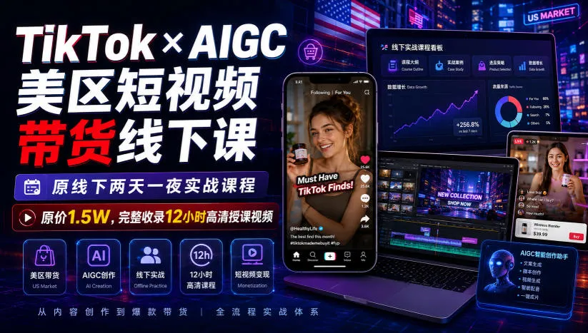 TikTok×AIGC美区短视频带货线下课,原线下两天一夜实战课程,原价1.5W,完整收录12小时高清授课视频-副业吧