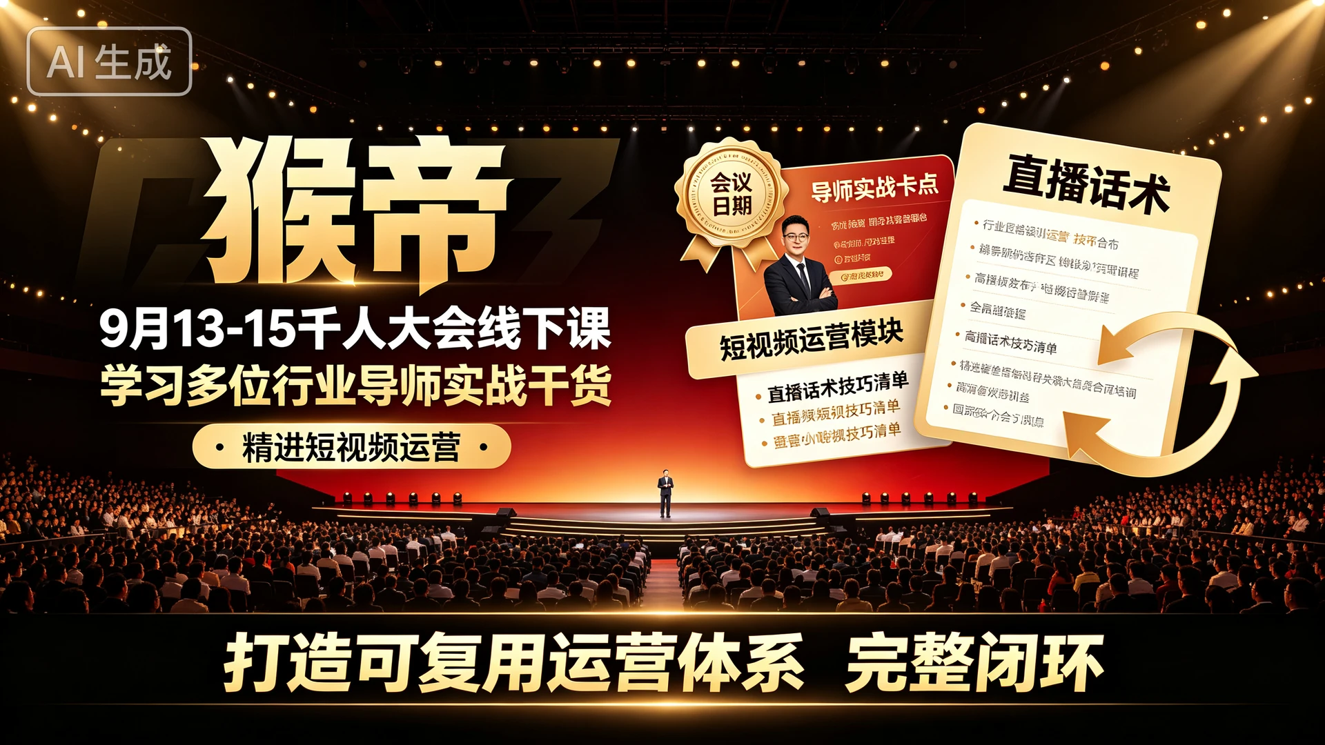 【精】猴帝9月13-15千人大会线下课,带你学习多位行业导师实战干货,精进短视频运营与直播话术打造可复用运营体系的完整闭环-副业吧