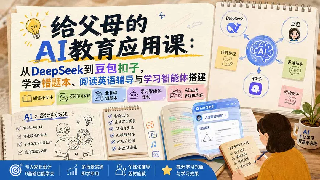 给父母的AI教育应用课：从DeepSeek到豆包扣子，学会错题本、阅读英语辅导与学习智能体搭建-副业吧