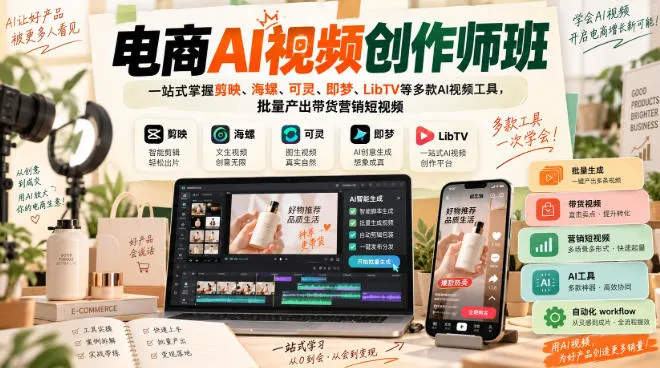 【精】电商AI视频创作师班，一站式掌握剪映、海螺、可灵、即梦、LibTV等多款AI视频工具，批量产出带货营销短视频-副业吧