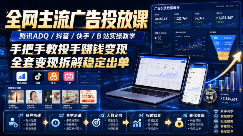全网主流广告投放课，腾讯ADQ / 抖音 / 快手 / B 站实操教学，手把手教投手赚钱变现，全套变现拆解稳定出单-副业吧