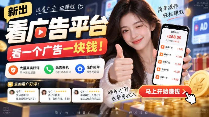 新出看广告平台，看一个广告一块钱，大量真实好评！无需养机、不会黑号，操作简单【揭秘】-副业吧