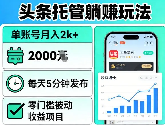 头条托管躺賺玩法，单账号月入2k+，每天5分钟发布即可，零门槛被动收益项目【揭秘】-副业吧