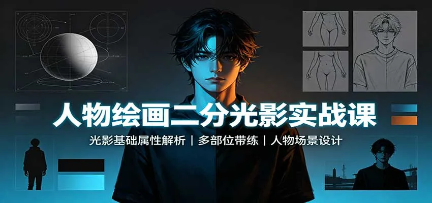 人物绘画二分光影实战课：光影基础属性解析，多部位带练，人物场景设计-副业吧