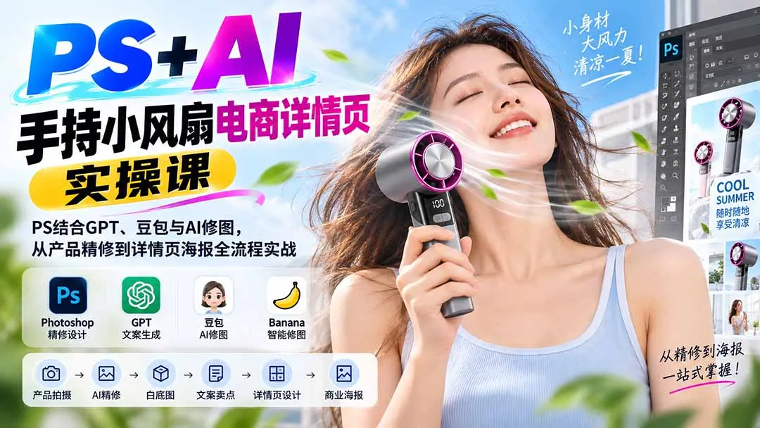 PS+AI手持小风扇电商详情页实操课：PS结合GPT、豆包与AI修图，从产品精修到详情页海报全流程实战-副业吧