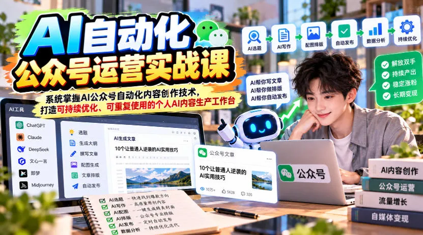 AI自动化公众号运营实战课,系统掌握AI公众号自动化内容创作技术,打造可持续优化、可重复使用的个人AI内容生产工作台-副业吧