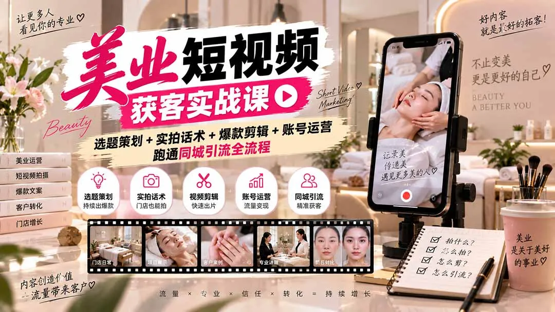 美业短视频获客实战课-无水印:选题策划+实拍话术+爆款剪辑+账号运营,跑通同城引流全流程-副业吧