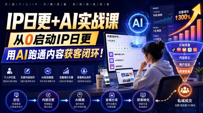 IP日更+AI实战课，从0启动IP日更，IP置顶视频制作+100条选题库搭建+10条日更规划，用AI跑通内容获客闭环!-副业吧