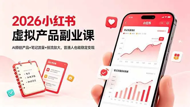 （18449期）2026小红书虚拟产品副业课，AI原创产品+笔记流量+投流放大，普通人也能稳定变现-副业吧