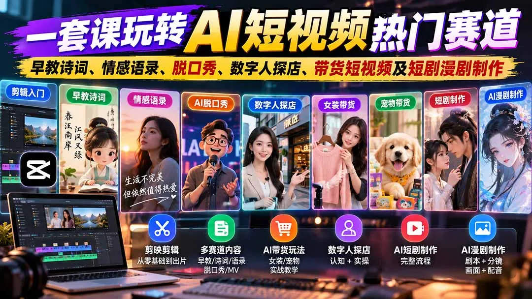 一套课玩转AI短视频热门赛道:早教诗词、情感语录、脱口秀、数字人探店、带货短视频及短剧漫剧制作 复制标题-副业吧
