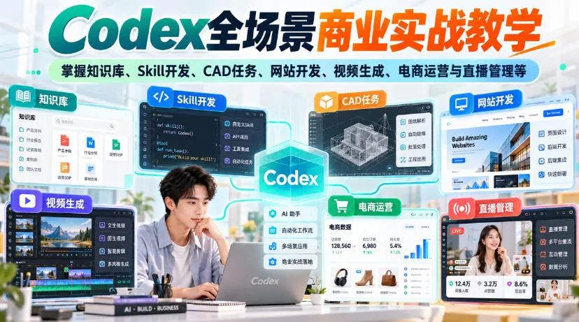 Codex全场景商业实战教学,掌握知识库、Skill开发、CAD任务、网站开发、视频生成、电商运营与直播管理等(更新1010)-副业吧