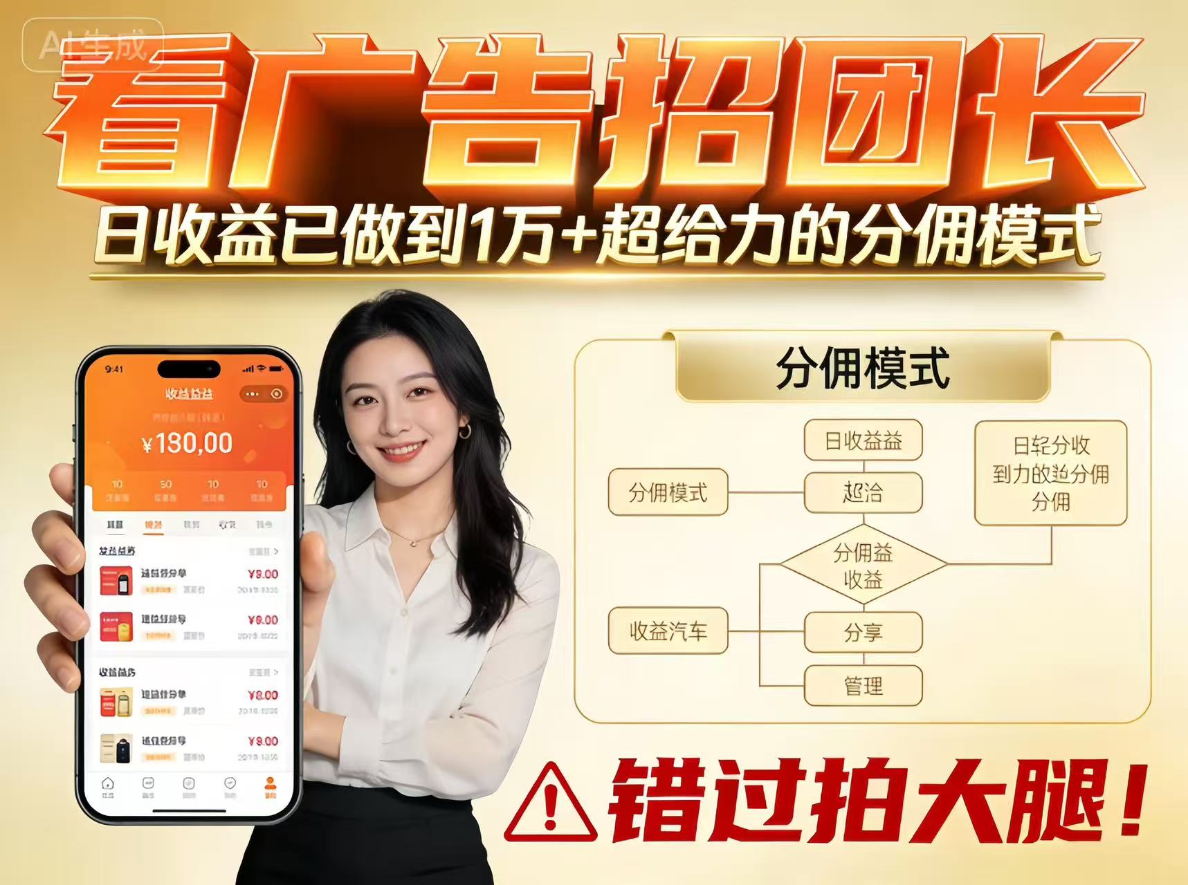 看广告招团长，团队收益已做到日入1万，分佣模式超给力，错过拍大腿-副业吧