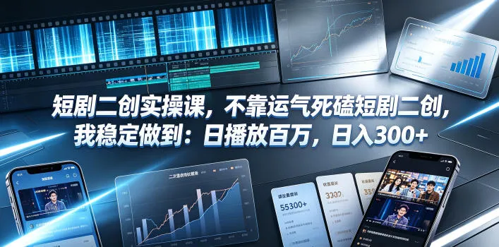 短剧二创实操课，不靠运气死磕短剧二创，我稳定做到：日播放百万，日入300+-副业吧