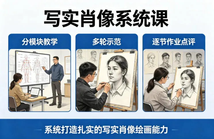 写实肖像系统课，全程分模块教学+多轮示范+逐节作业点评，系统打造扎实的写实肖像绘画能力-副业吧